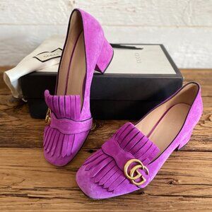 Gucci Double G logo Kid Scamosciato pumps, bright purple suede shoes, size 39